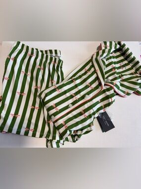 kate spade Green and White Striped Short Pajama Set with Coral Trim